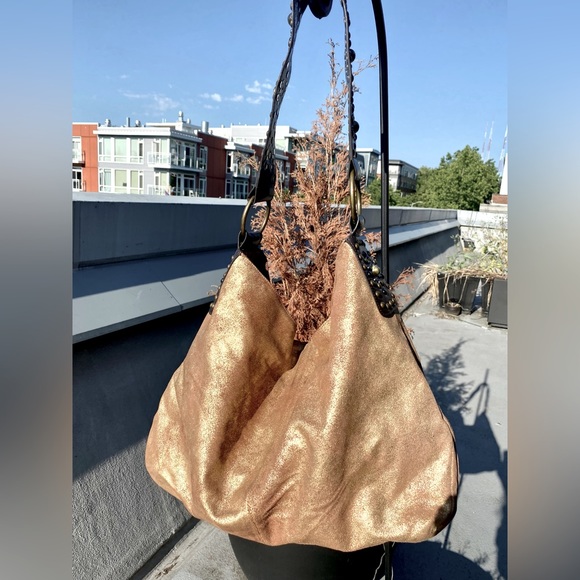 Large Distressed Leather Gold Hobo with Studded Leather Handle - Picture 4 of 14